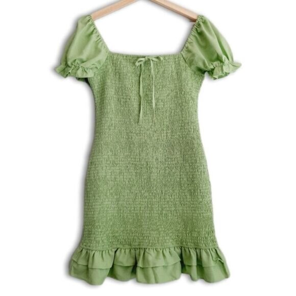 ENGLISH FACTORY / Smocked Ruffle Hem Puff Sleeve Mini Dress Green Sz M - Picture 3 of 14